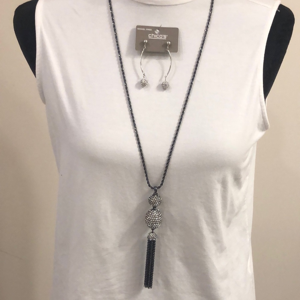 Chico’s NWT Pave long tassel necklace and earrings set